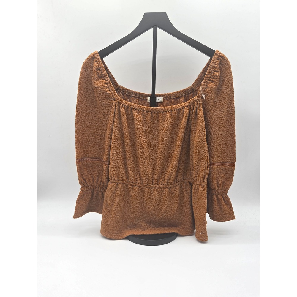 LA Threads Women's Brown Textured Peasant Blouse Bell Sleeve Square Neck